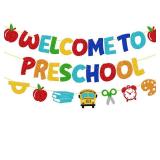 Welcome to Preschool Banner First Day of Preschool Decorations for Classroom Party Apple Ruler School Bus Scissors Alarm Clock Drawing Board Sign Party Supplies