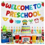 Welcome to Preschool Banner First Day of Preschool Decorations for Classroom Party Apple Ruler School Bus Scissors Alarm Clock Drawing Board Sign Party Supplies