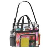 Masirs Clear Tote Bag Stadium Approved, Mesh Pockets, Shoulder Straps and Zippered Top, Perfect Clear Bag for Work, Sports Games and Concerts, Meets Stadium Tournament Guidelines, (Black)