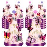 RoundFunny 12 Sets Butterfly Birthday Hats with Pom Poms and 3D Butterfly Stickers Party Decorations Paper Cone Hats for Adults Birthday Baby Shower Party Supplies