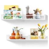 PHOENANCEE Nursery Shelves for Wall,Kids Bookshelves Set of 2,Floating Bookshelf Baby Book Toy Display Storage Organizer Decor with Wooden Beads Bar,Preassembled,Natural Pine Wood,32 Inch(White)