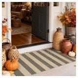 Sungea Striped Outdoor Fall Front Door Mat 24x51, Cotton Hand Woven Rug Indoor Doormat Washable Black and Tan Rug Runner, Foldable Front Door Rugs for Entryway/Farmhouse/Home Entrance