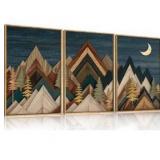HPINUB Mountain Woodcut Style Framed Canvas Wall Art Set,Vintage Pine Tree Wall Decor, Nature Country Wilderness Forest Artwork,Modern Navy blue Art Prints for Living Room,Bedroom,Farmhouse-16\"x24\"x