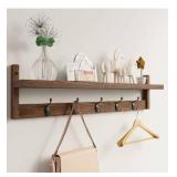 AMBIRD 28.9 Inch Length Shelf with Hooks Entryway Coat Rack Wall Mount Wood Coat Hooks with Shelf Wall-Mounted Coat Hook Rack with 5 Dual Hooks for Bathroom, Living Room, Bedroom (Brown)