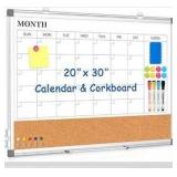 Monthly Calendar Whiteboard Dry Erase Cork Board Combo for Wall, 30\" x 20\" Magnetic Double-Sided Calendar White Board and Bulletin Board, Portable Board for Office, Kitchen, School, Home, Dorm