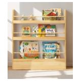31.5 Inch Kids Bookshelf, Natural Wood Kid Book Shelf Wall Mount Organizer Shelves Hanging Children Bookcase Reading Nook Boho Decor for Kids Room Playroom Living Room Bedroom, 3 Tiers