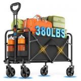 Collapsible Wagon Cart Foldable Beach Wagon with All-Terrain Wheels - 380 LBS Heavy Duty Grocery Cart for Shopping, Beach, Camping, Sports, Garden (Black)