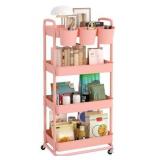 JIUYOTREE 4-Tier Plastic Rolling Storage Cart Utility Cart with Extra Hanging Cups Handles Lockable Wheels for Living Room Bathroom Kitchen Office Pink