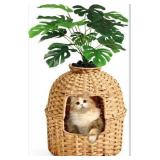 Cat Litter Box Plant Furniture Enclosure, Hidden Handwoven Rattan with Cat Litter Box and Artificial Plants, Odor Control Filter, Real Stones in Living Room, Bedroom, Corner Natural