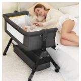 Baby Bassinet, Bedside Bassinet for Baby, 3 in 1 Bassinet Bedside Sleeper with Wheels, Mosquito Net, Adjustable Easy Folding Portable Bed for Infant Newborn (Dark Grey)