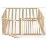 Wooden Playpen, 57\"x57\"x24\" Size Foldable Baby Fence Portable Tools Free, Adjustable Playard for Babies and Toddlers with Safety Locking Gate