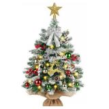 Mini Christmas Tree with 40 Lights Snow Flocked Christmas Tree 24In/2FT Artificial Small Xmas Tabletop Tree with Christmas Ornaments for Tabletop Fireplace Mantel Christmas