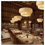 Bamboo Pendant Light,Boho Rattan Hanging Light,13.8\" Hand Woven Wicker Chandelier for Kitchen Island for Kitchen Island Dining Bedroom Living Room Restaurants