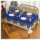 APPEARS NEW - Horaldaily Christmas Tablecloth 52Ã70 Inch Rectangular, Winter Snowman Trees Blue Washable Seasonal Table Cover for Party Picnic Dinner Decor