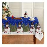 APPEARS NEW - Horaldaily Christmas Tablecloth 52Ã70 Inch Rectangular, Winter Snowman Trees Blue Washable Seasonal Table Cover for Party Picnic Dinner Decor