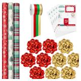 FACTORY SEALED - Hallmark Rustic Red and Green Christmas Wrapping Paper Set (90 sq. ft. ttl, 10 Bows, 4 Ribbon Colors, 40 Gift Tag Stickers) Snowflakes, Trees, Plaid