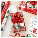 FACTORY SEALED - Hallmark Rustic Red and Green Christmas Wrapping Paper Set (90 sq. ft. ttl, 10 Bows, 4 Ribbon Colors, 40 Gift Tag Stickers) Snowflakes, Trees, Plaid