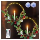 APPEARS NEW - 2Pack Christmas Wreaths for Front Door with Lights & Flickering LED Taper Candles & Remote, 16