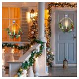 APPEARS NEW - 2Pack Christmas Wreaths for Front Door with Lights & Flickering LED Taper Candles & Remote, 16