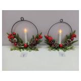 APPEARS NEW - 2Pack Christmas Wreaths for Front Door with Lights & Flickering LED Taper Candles & Remote, 16