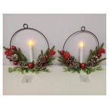 APPEARS NEW - 2Pack Christmas Wreaths for Front Door with Lights & Flickering LED Taper Candles & Remote, 16