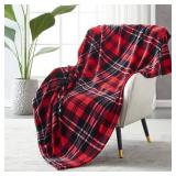 APPEARS NEW - All Season Velvet Touch Throw Blanket 50 x 60 Inches, Plaid Red/Grey Blanket for Bed, Couch, Car