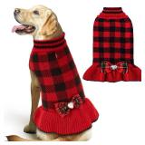 KYEESE Christmas Dog Sweater Dress for Medium Dogs with Leash Hole Classi Checkered Pet Sweaters Dog Christmas Outfit with BowtieTurtleneck Dogs Apparel for Winter, XXXL