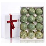 APPEARS NEW - Jondciv 12PCS Rustic Green Christmas Ball Ornaments, 3.15 Vintage Farmhouse Hanging Ornaments for Christmas Trees, Parties, Weddings and Home Decor