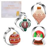Q-BAKER Christmas Ornaments Cookie Cutters, 4PCS Stainless Steel Snow Globe,Round Ornament,Teardrop Bauble, Finial Shapes with Decorating Instructions