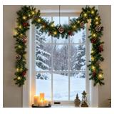 APPEARS NEW - 9FT Christmas Garland with Lights, Pre-Lit Lighted Christmas Decorations for Mantle Fireplace Table Stairs Winter Indoor Outdoor Xmas Home Decor,Realistic Cedar Pine Garlands with Pineco