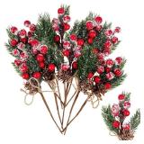 FACTORY SEALED - WSFSLJWDW 10PCS Christmas Berries Red Stems Evergreen Pine Branches, Snow Flocked Red Holly Berry Pine Cone Floral Sprays Decoration,Winter Holiday Floral Picks (10PCS)