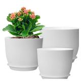 WSMKSZ 10/9/8 inch Medium Flower Pots, 3 Pack Modern Decorative Plastic Planters with Drainage Holes and Tray, Plant Pots for Indoor Outdoor Plants, White