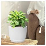 WSMKSZ 10/9/8 inch Medium Flower Pots, 3 Pack Modern Decorative Plastic Planters with Drainage Holes and Tray, Plant Pots for Indoor Outdoor Plants, White