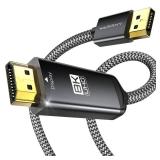 Warrky DisplayPort to HDMI Cable [8K@60Hz, 4K@240Hz, Nylon Braided, Black] 6FT Unidirectional DisplayPort 1.4 Source to HDMI 2.1 Display, DP to HDMI Compatible with PC, Dell, AMD, Lenovo, Monitor, HP