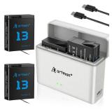 Artman Hero 13 Battery 2300mAh 2-Pack for GoPro Hero13 Black Camera with 2-Slot Pocket Storage Fast Charger, Fully Compatible with GoPro Hero 13 Battery and Charger