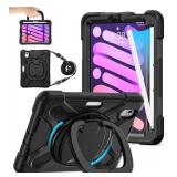 BATYUE Case for iPad mini 7 A17 Pro 2024/iPad Mini 6 2021 8.3 Inch with Pencil Holder, 360 Rotating Stand, Shoulder Strap, Handle Grip, Shockproof Rugged Case for iPad mini 7th/6th Gen, Black