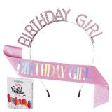 JunyRuny Birthday Girl Glitter Sash & Tiara Set, Pink, Costume Headwear for Women, Birthday Party Decorations, Happy Birthday Gifts for Her