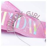 JunyRuny Birthday Girl Glitter Sash & Tiara Set, Pink, Costume Headwear for Women, Birthday Party Decorations, Happy Birthday Gifts for Her