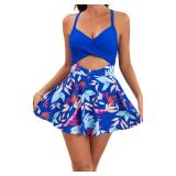 B2prity Women Cutout One Piece Skirt Swimsuit V Neck Wrap Tie Back Swimdress Tummy Control Bathing Suit(Blue,Floral)