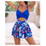 B2prity Women Cutout One Piece Skirt Swimsuit V Neck Wrap Tie Back Swimdress Tummy Control Bathing Suit(Blue,Floral)