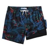 maamgic Mens Swim Trunks with Compression Liner 5\" Stretch Athletic Swimming Shorts Quick Dry with Zipper Pockets No-Chafing Board Shorts Black-Orange Leaf Silhouette Large