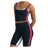 Two piece workout sets for women, 2 piece Gym Sets Tank Top Shelf Sports Bra And Matching Biker Shorts Running Work Out Yoga (Black Night/Poppy Pink/White Light) Medium