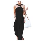 ANRABESS Women Summer Halter Neck Sundress Sleeveless Split Side Casual Beach Travel Vacation Maxi Long Dress with Pockets Black X-Large
