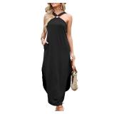 ANRABESS Women Summer Halter Neck Sundress Sleeveless Split Side Casual Beach Travel Vacation Maxi Long Dress with Pockets Black X-Large