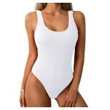 Limeeke Women One Piece Swimsuit Solid Ribbed Monokini Swimwear Scoop Neck Low Back Bathing Suit White XS