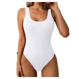 Limeeke Women One Piece Swimsuit Solid Ribbed Monokini Swimwear Scoop Neck Low Back Bathing Suit White XS