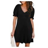 Aloodor Dresses for Women 2025 V Neck Puff Sleeve Summer Dress Ladies L