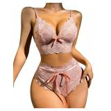 Lilosy Sexy Strappy Harness Women Floral Lace Pajamas Lingerie Set High Waist Sheer Sleepwear See Through Nightwear Bow Ties Cami Shorts Bra and Panty 2 Piece Tie Pink Small