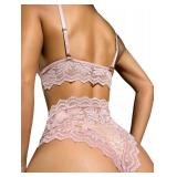 Lilosy Sexy Strappy Harness Women Floral Lace Pajamas Lingerie Set High Waist Sheer Sleepwear See Through Nightwear Bow Ties Cami Shorts Bra and Panty 2 Piece Tie Pink Small