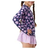 HODOSPORTS Girls Rash Guard Shirts Swimsuit UPF 50+ Quick Dry Two Piece Long Sleeve Bathing Suits HSRGSG004-NavyPink Camellia 7-8